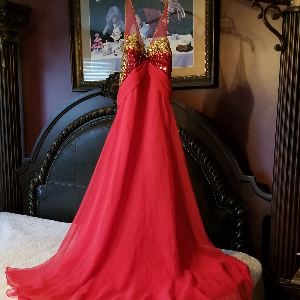 Red and gold formal gown